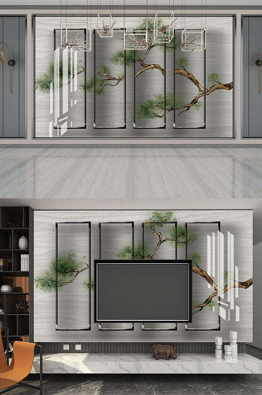 松树框框电视背景墙-众图网