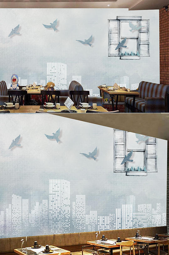 水墨画飞鸟窗户背景墙-众图网