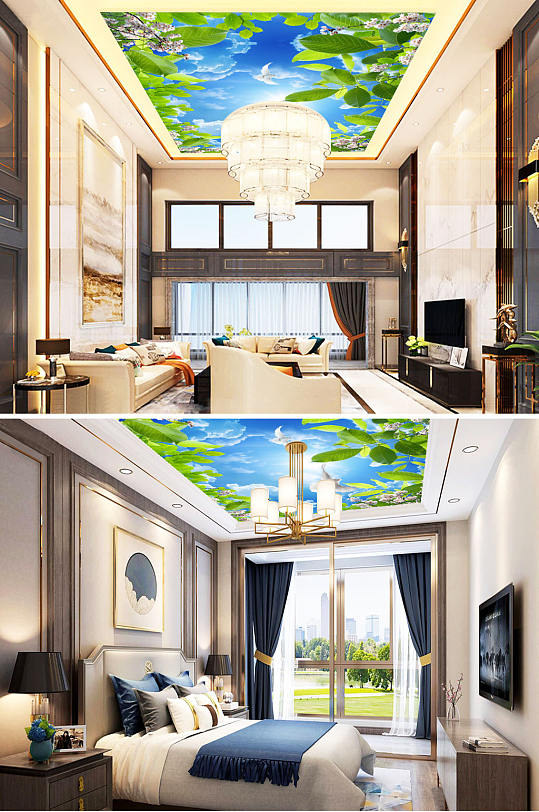 花鸟画蓝天白云吊顶背景墙-众图网