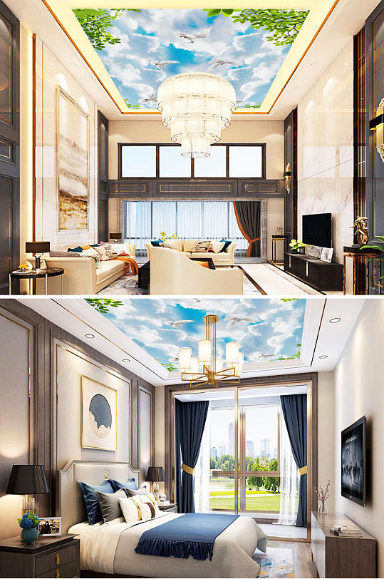 花鸟画蓝天白云吊顶背景墙-众图网