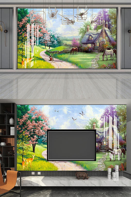 山水田园油画鹿马背景墙-众图网