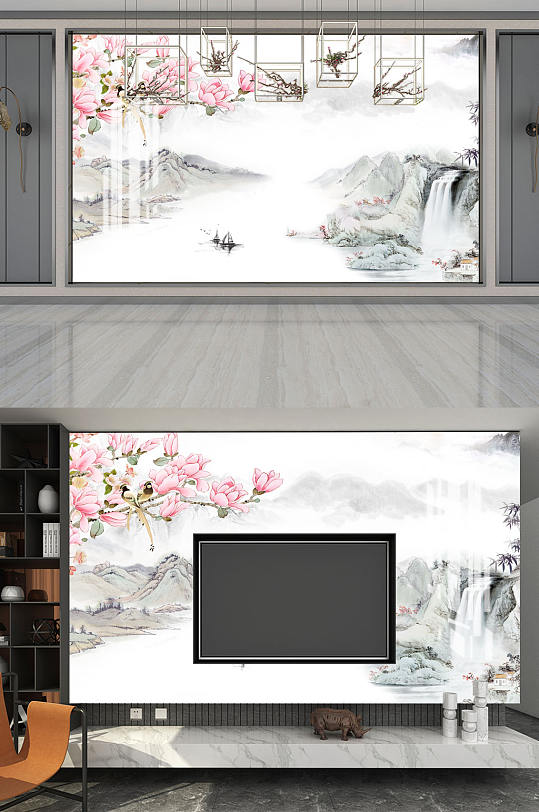 花鸟画水墨山水玉兰背景墙