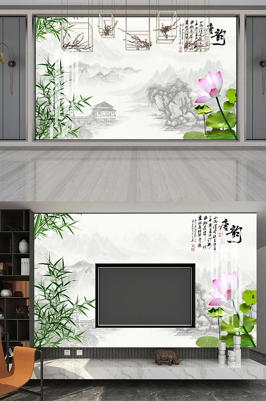 山水画荷花竹子背景墙-众图网