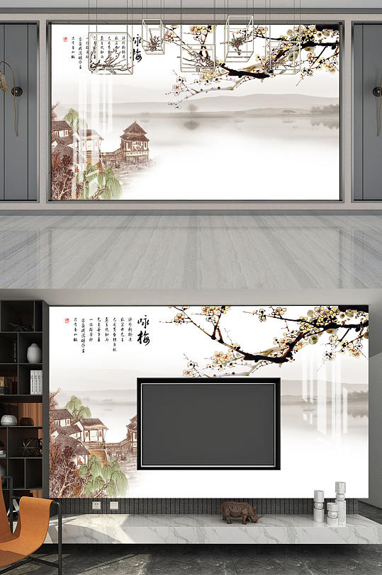 山水画梅花背景墙-众图网