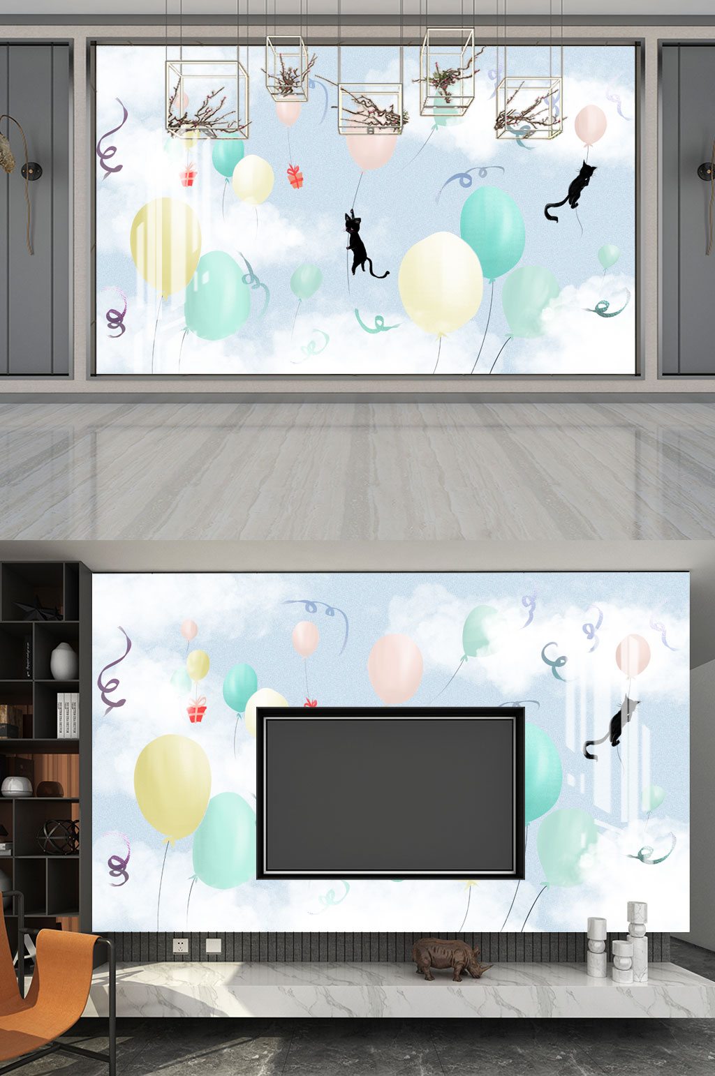 卡通气球猫背景墙素材