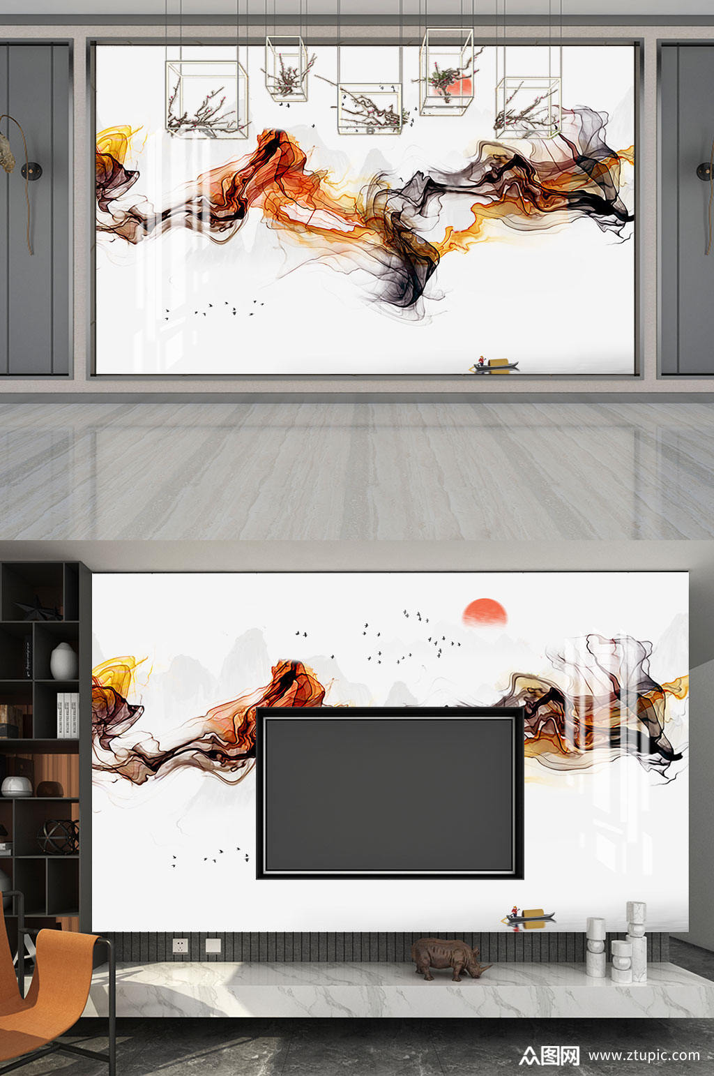 水墨画太阳飞鸟背景墙模板下载-编号340121-众图网