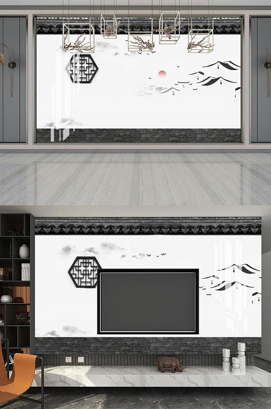 水墨画马头墙太阳背景墙-众图网