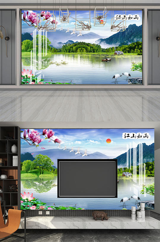 山水画鹤玉兰背景墙