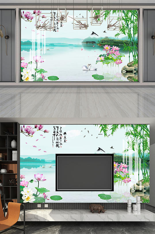 花鸟画荷花竹子背景墙-众图网