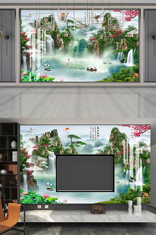 山水画高山流水背景墙-众图网