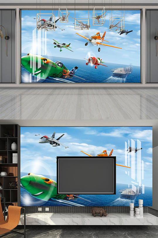 卡通飞机航空武舰背景墙-众图网