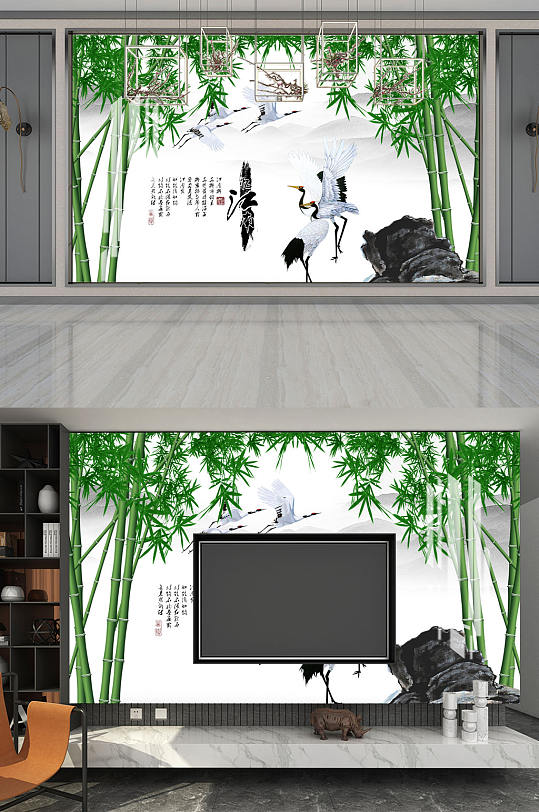 山水画竹子鹤背景墙-众图网