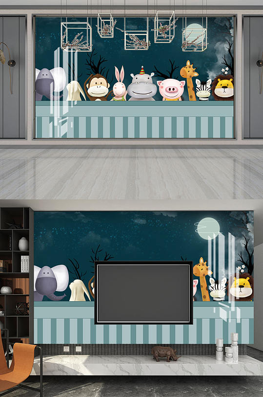 动物竖条卡通背景墙-众图网