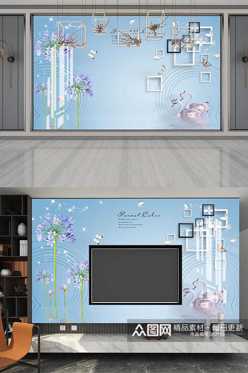 蒲公英天鹅框框蝴蝶背景墙素材