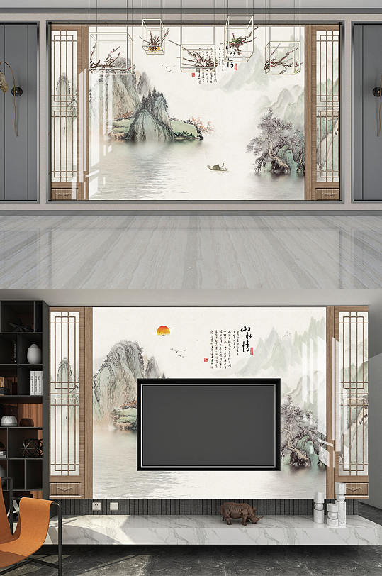 山水画山水情小船背景墙-众图网
