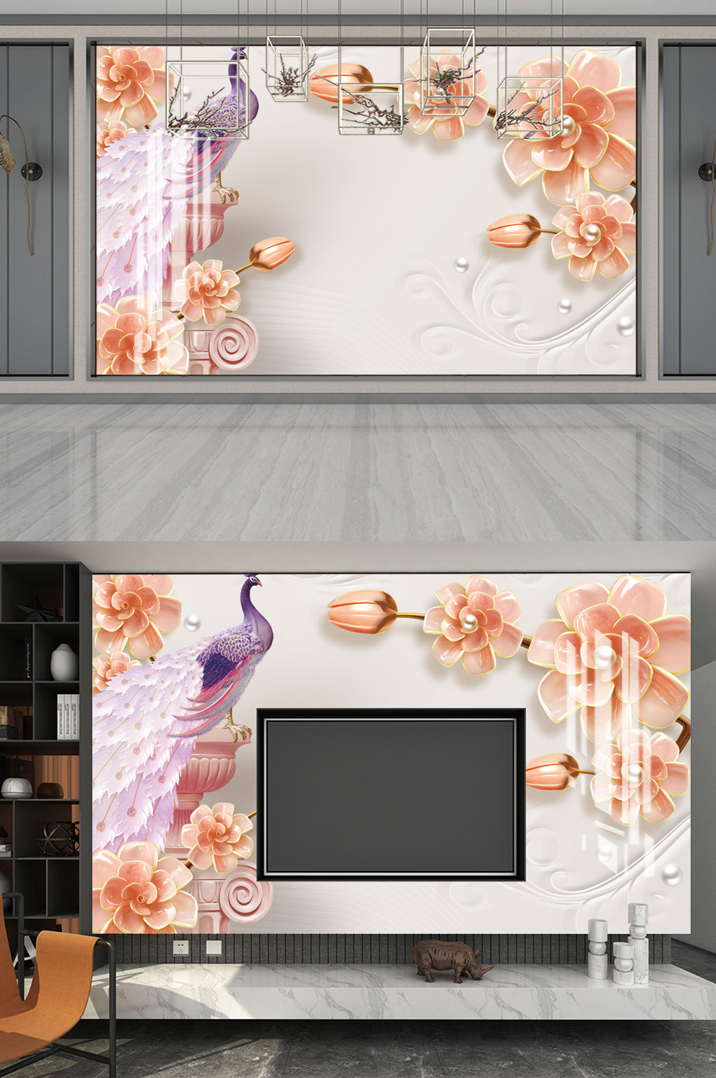 浮雕花孔雀背景墙素材
