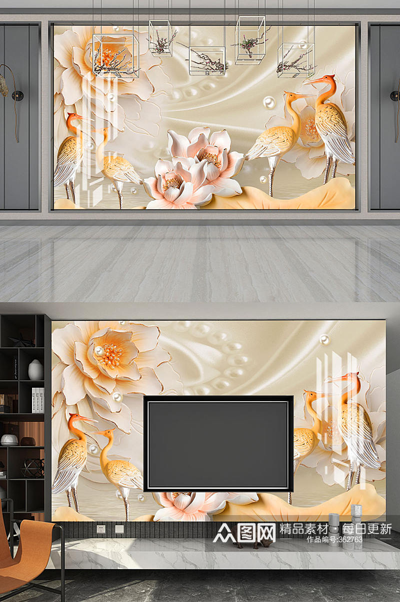 浮雕花郁金香火烈鸟背景墙素材
