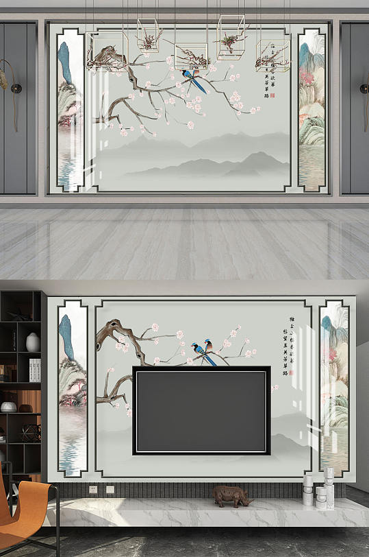 花鸟画山水风景背景墙