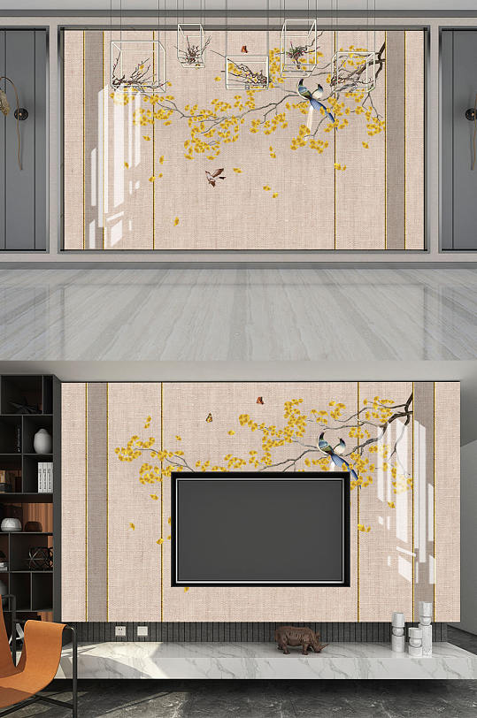 花鸟画银杏树护墙板背景墙-众图网