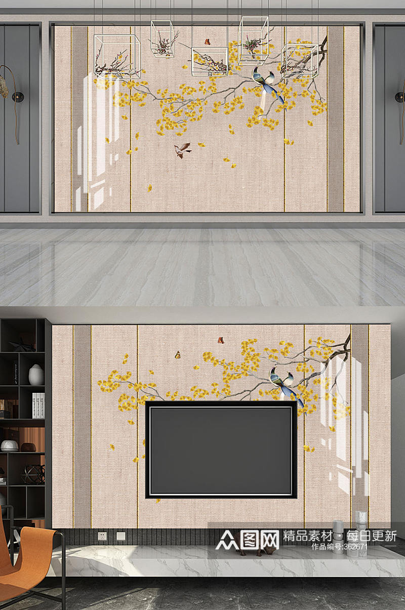 花鸟画银杏树护墙板背景墙素材