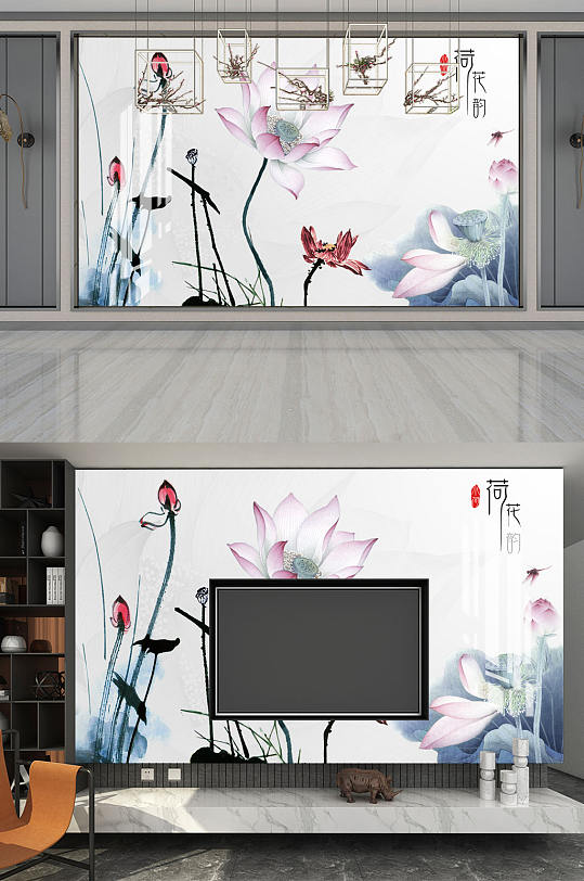水墨画荷花莲蓬背景墙-众图网