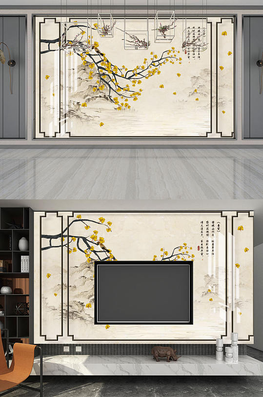 水墨山水银杏树背景墙-众图网