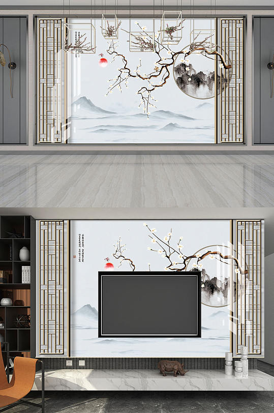 水墨画梅花造型背景墙-众图网