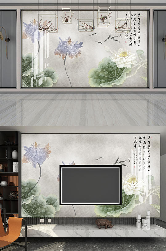 水墨画荷花背景墙