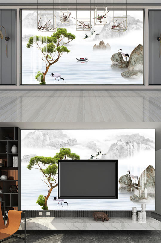 水墨山水树鹤背景墙-众图网
