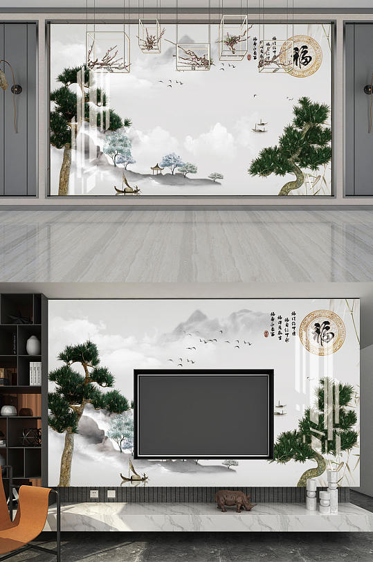 水墨山水松树小船背景墙-众图网