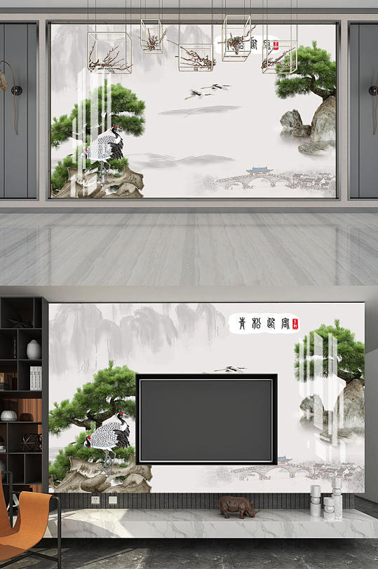 山水画松树鹤背景墙-众图网
