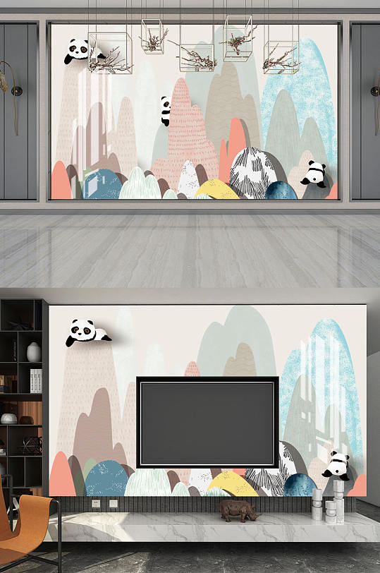 水墨画熊猫卡通背景墙-众图网