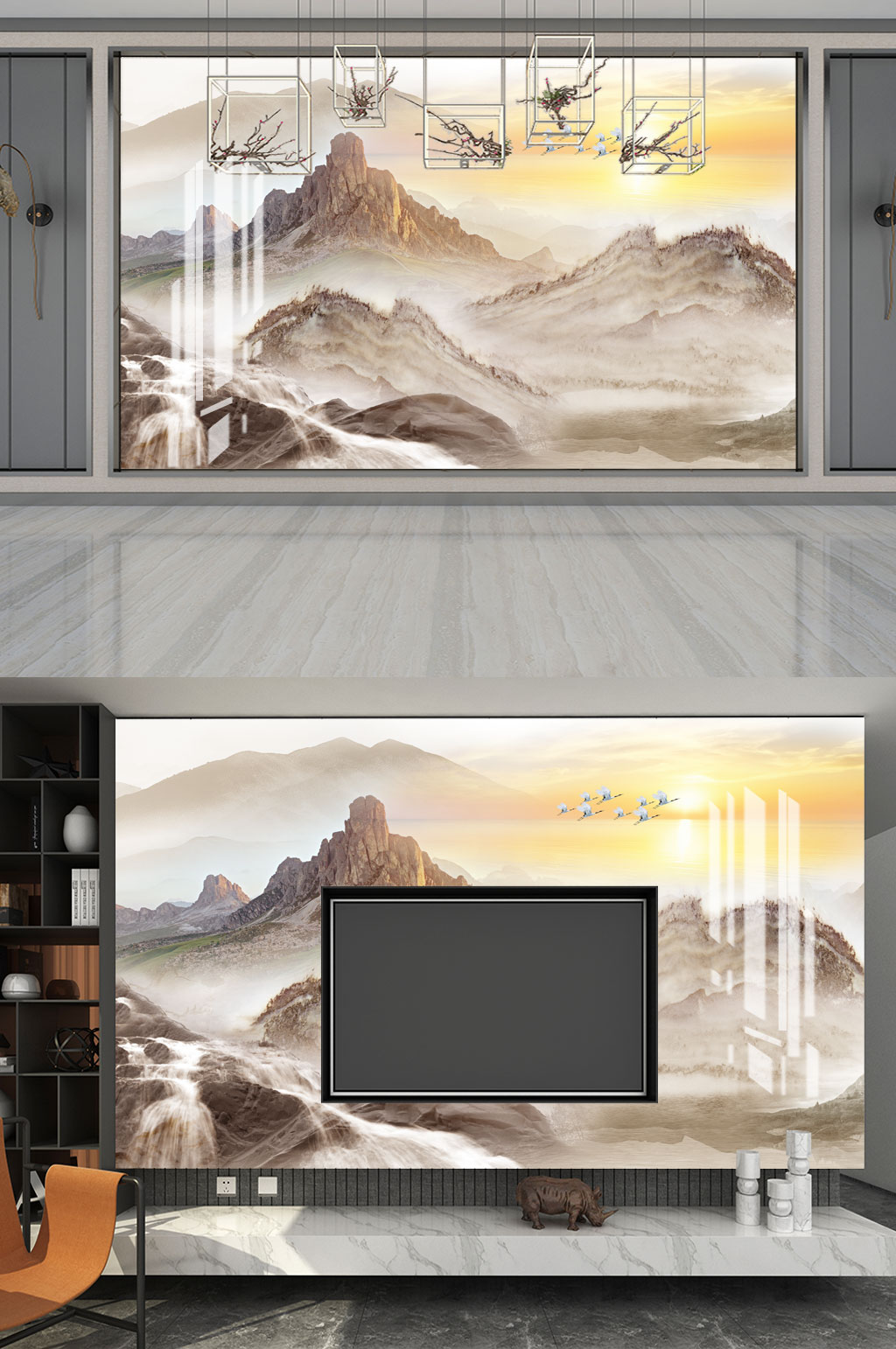 山水画太阳鹤背景墙素材