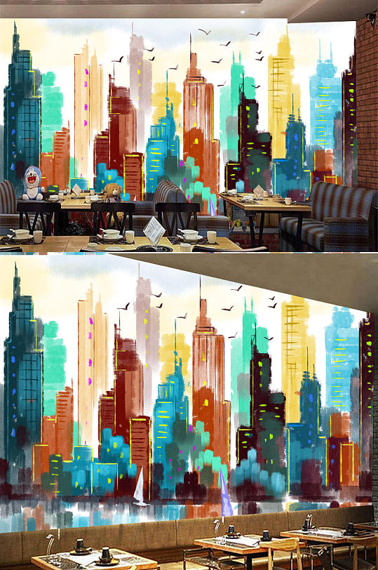 油画城市高楼背景墙