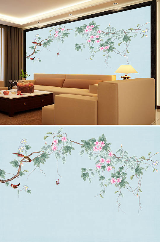花鸟画花藤飞鸟背景墙-众图网