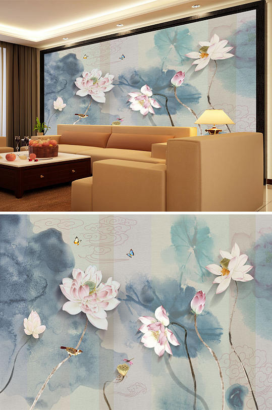 水墨画荷花蝴蝶背景墙-众图网