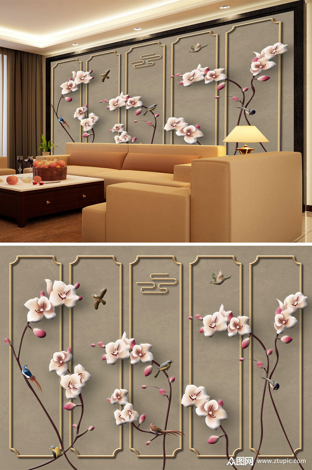 浮雕花花鸟画背景墙素材