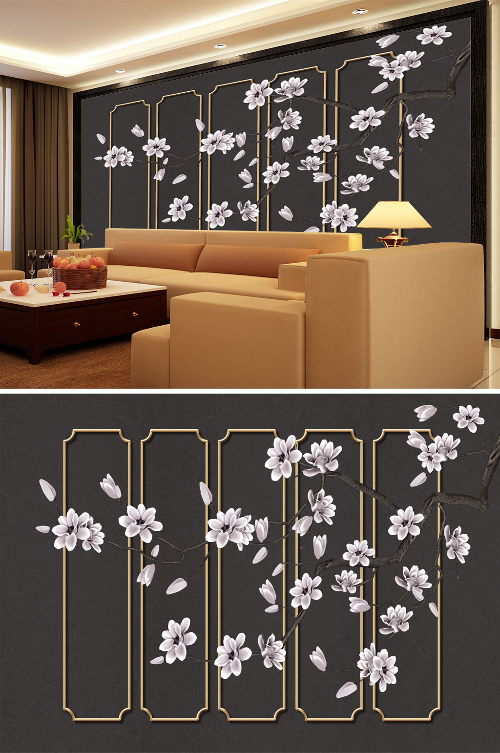 花鸟画玉兰框框背景墙素材