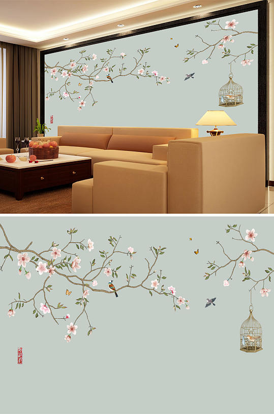 花鸟画玉兰鸟笼背景墙-众图网