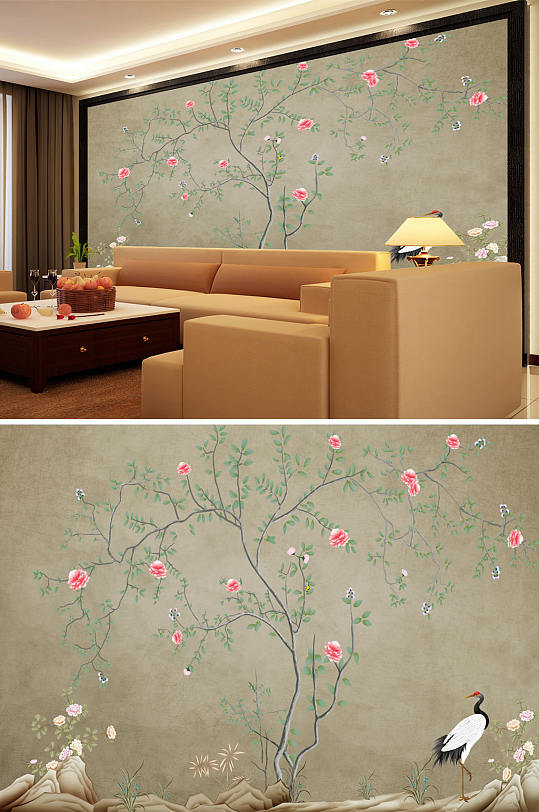 花鸟画鹤电视背景墙