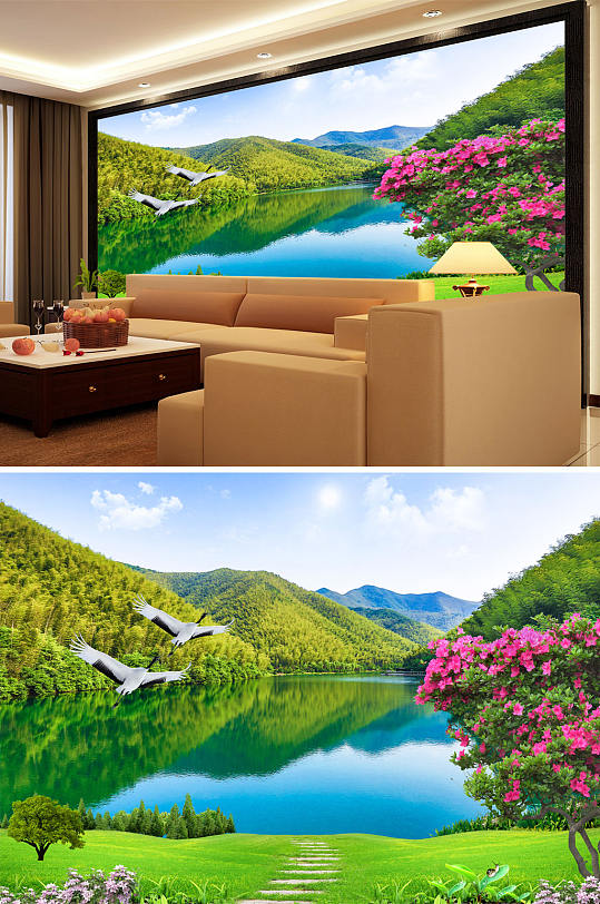 山水画鹤小路背景墙-众图网