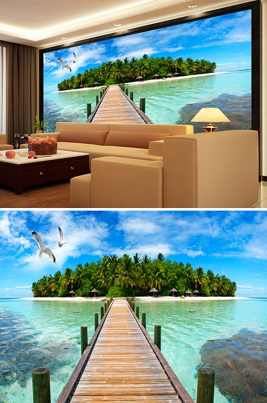 海边沙滩椰树小桥背景墙-众图网
