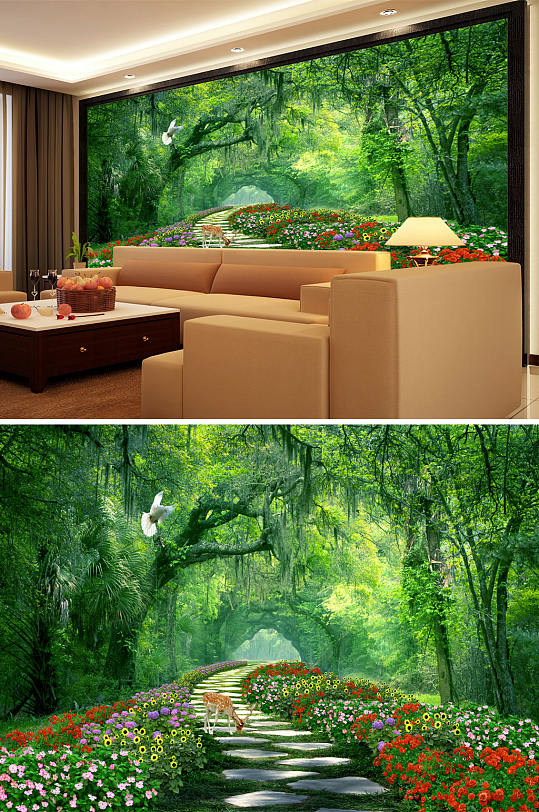 花鸟画树小道背景墙-众图网