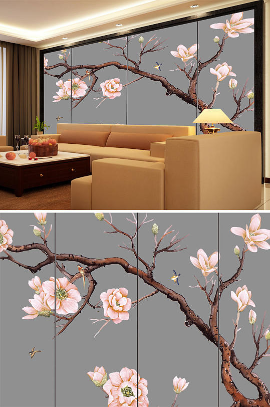花鸟画梅花小鸟背景墙