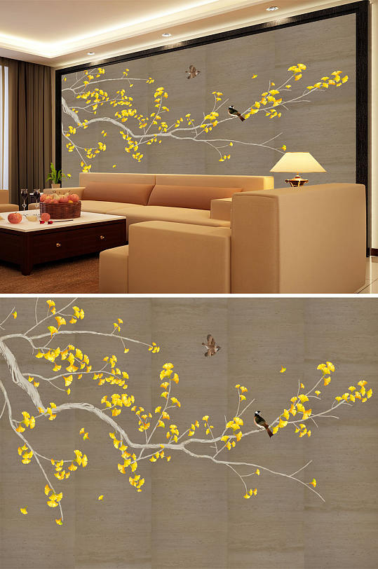 花鸟画银杏苏背景墙-众图网