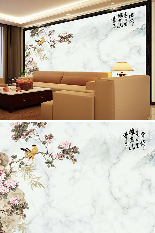 花鸟画牡丹大理石纹背景墙-众图网