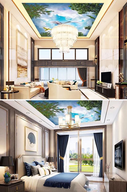 花鸟画飞鸟蓝天白云吊顶-众图网