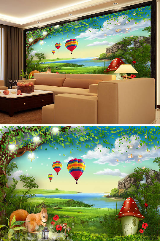 山水田园气球松鼠背景墙-众图网