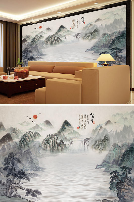 水墨山水瀑布山水情背景墙-众图网