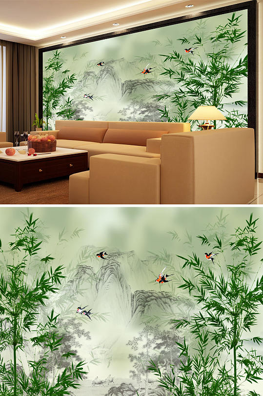 竹子飞鸟家装背景墙-众图网